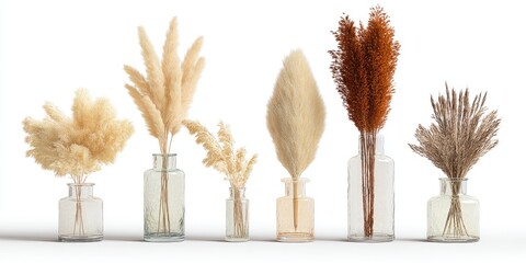 Dried pampas grass and other dried flowers in clear glass vases