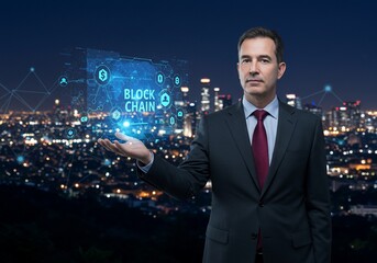 Businessman Presents Blockchain Technology Over Night Cityscape