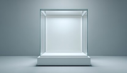 Fototapeta premium Empty glass display case on white pedestal, studio shot