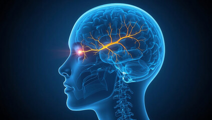 3D X-Ray Medical Illustration of Optic Nerve Connection to Brain Visual Cortex