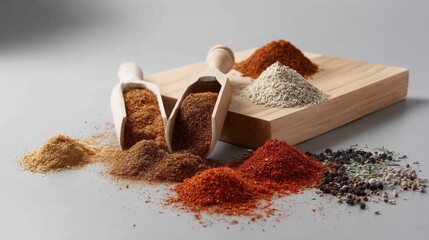 Various spices powder wooden tray culinary cooking ingredients photography food seasoning lifestyle image