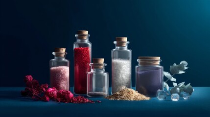 Glass jars herbs spices dark background lifestyle culinary photography product image