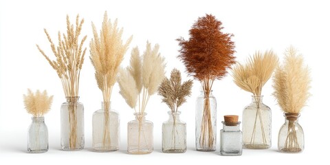 Dried pampas grass and wheat in glass vases
