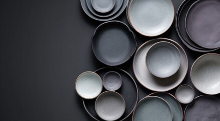 Gray and black ceramic plates and bowls arranged on dark background
