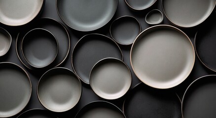 Grey and black dinnerware arranged in a flatlay