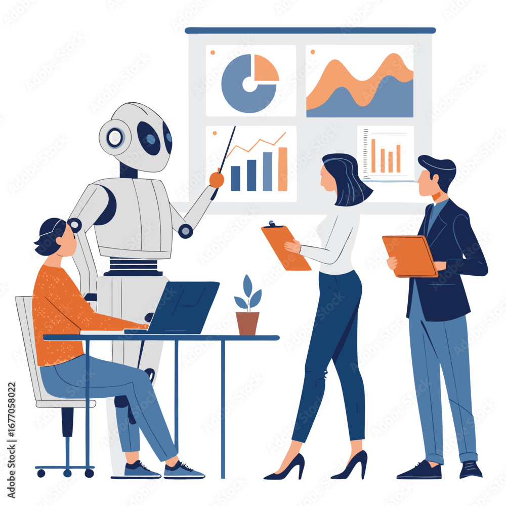 Poster vector art of a robot presents data to a business team, highlighting the role of artificial intellig