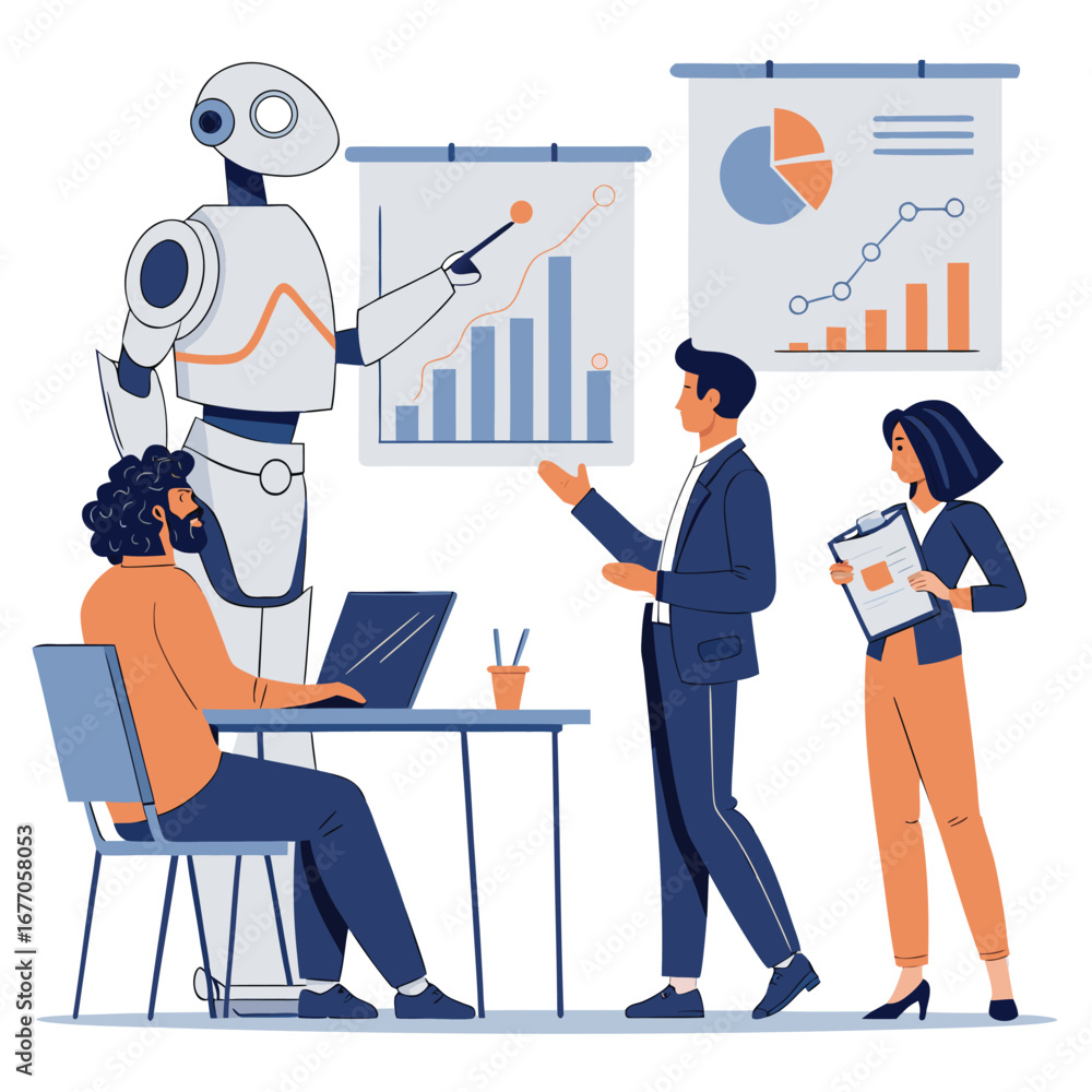 Poster vector art of a robot presents a business chart to colleagues in a modern office setting, showcasing