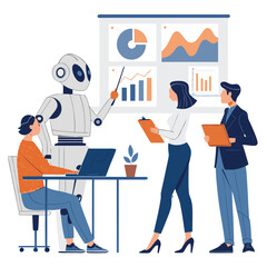 Vector art of a robot presents data to a business team, highlighting the role of artificial intelligence in business analytics and strategic decisionmaking