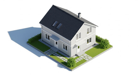 Modern Grey Detached House with Green Lawn and Pathway in Bright Outdoor Setting