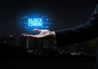 Glowing Blockchain Technology Held in Hand Against Cityscape