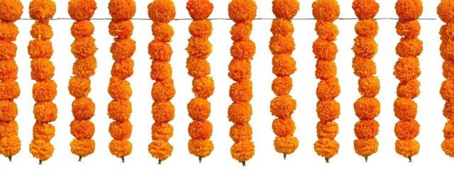 Orange marigold flower garlands hanging