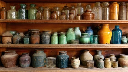 Antique glass and ceramic bottles on wooden shelves