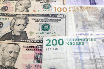 Stack of US Dollars and Danish Kroners
