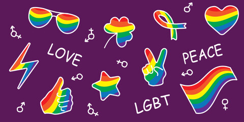 Vector set of colorful LGBT pride icons with rainbow sunglasses, heart, peace sign, ribbon, flag, clover, star, thumbs up and lightning for equality, love and freedom design