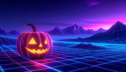 Naklejka premium Neon Cyber Pumpkin Grid — Futuristic Halloween Background
