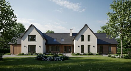 Obraz premium Modern farmhouse surrounded by nature, architectural masterpiece
