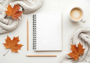 Cozy autumn flat lay with maple leaves notebook coffee and knitted scarf