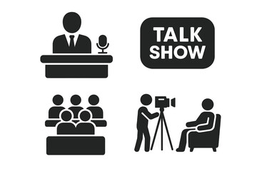 TV talk show icon set. Vector glyph pictograms of a host, guest interview, camera crew, studio audience, and show logo. Media, broadcast, and entertainment concept symbols.