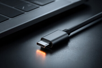Close-up of USB-C cable being connected to a modern laptop, technology and connectivity concept.