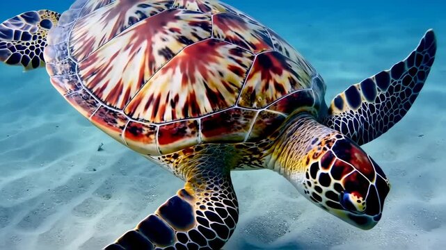 Vibrant sea turtle, patterned shell, underwater
