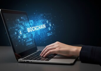Hands Typing on Laptop Displaying Blockchain Technology