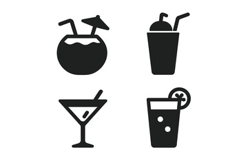 Tropical drink icon set. Solid glyph vector icons of summer cocktails, coconut water, fruit smoothie, and lemonade. For beach party, bar menu, or vacation concepts.