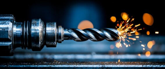 CNC metal cutting at high speed is shown in close-up, with sparks emanating from the process