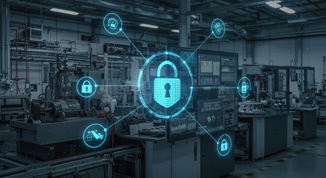 Cybersecurity concept featuring digital lock icons overlaying industrial machinery in a secure factory environment, highlighting data protection - Powered by Adobe