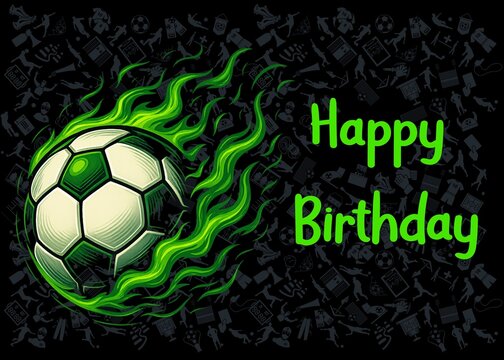 A flaming soccer ball with green fire and a 'Happy Birthday' message on a dark background.