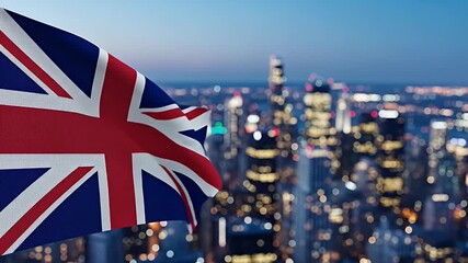 The national flag of the United Kingdom waving over a modern city skyline at dusk - Powered by Adobe