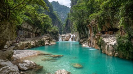 Naklejka premium A secret waterfall cascades through a narrow gap in the rocky cliffs, surrounded by dense vines and exotic growth
