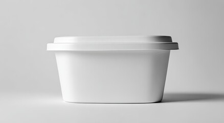 Blank white plastic food container.  A square,  slightly angled,  food container with a lid.  Clean,  modern design.  Empty,  ready for branding