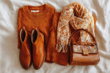 Autumnal outfit, featuring a rust-colored sweater, boots, scarf, and handbag, laid out on a beige surface
