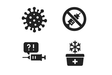 Vaccination challenges solid glyph icon set. Includes concepts like vaccine refusal, anti-vax, coronavirus, misinformation, public health debate, and cold chain logistics.