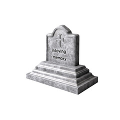 3d rendering of a simple gray marble tombstone with a cross and the inscription "in loving memory" on a transparent background