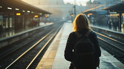 Obraz premium A woman with a backpack waits on a serene train platform.