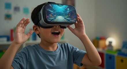 Excited young boy experiencing virtual reality gaming with VR headset, immersed in futuristic digital world, enjoying immersive experience