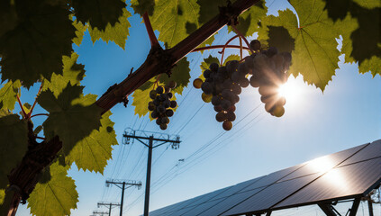 Grape cluster green leaf sunlight solar panel blue sky clean energy vineyard sustainable agriculture power line eco friendly. Sunlight shines through grapevine leaves with solar panels and power