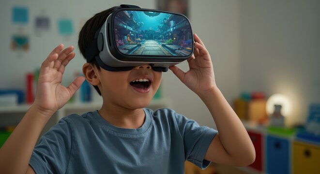 Excited young boy experiencing virtual reality gaming with VR headset, immersed in futuristic digital world, enjoying immersive experience