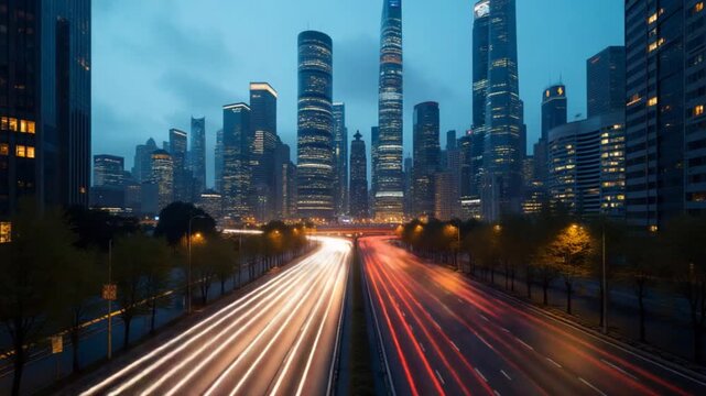 Time lapse of modern futuristic urban city skyline buildings and road cars traffic