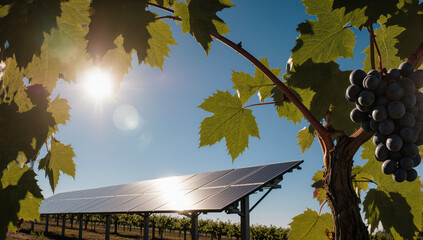 Solar panel vineyard grape renewable clean energy agriculture sunlight sustainable technology nature. Solar panel array vineyard with ripe grape cluster bright sunlight and clear blue sky