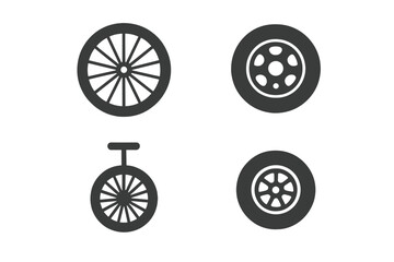 Wheel and tire icon set for sports and transport. Solid glyph vector icons collection. Bicycle wheel, car racing rim, unicycle, go-kart tire. Automotive graphic elements.