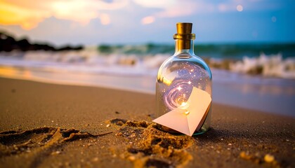 Beach sunset, message in a bottle