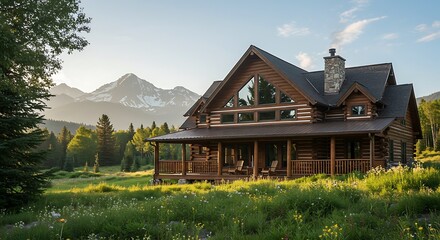 Fototapeta premium Majestic cabin facing mountain range, premium residence