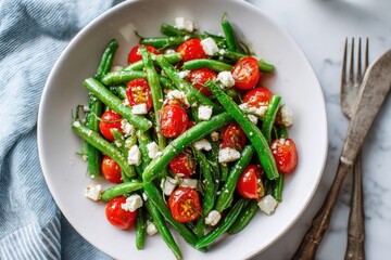 Fresh green beans, cherry tomatoes, and feta salad
