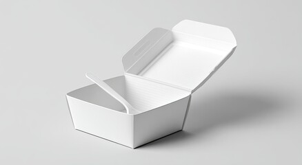 Open white cardboard food container.  Folded, square box with handles,  showing interior.  Plain, neutral background