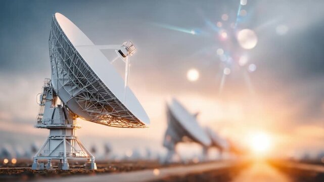 Digital Horizon: A captivating view of a satellite dish array, a symbol of global communication and technological advancement, set against a dramatic sky with a vibrant sunrise