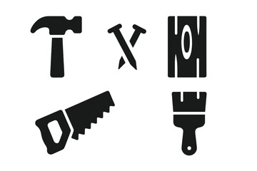 Woodworking solid icons set. Carpentry tools glyphs. Hammer, nails, saw, wood plank, paintbrush symbols. DIY, construction, repair, and craft vector graphic elements.