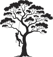 Tree climbing silhouette, rope access arborist, nature adventure concept, black and white illustration, forest tree work, motivational outdoor activity