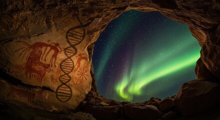 Ancient cave art with DNA structure and vibrant aurora borealis illuminating the night sky, a stunning visual of history and science